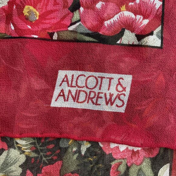 Alcott & Andrews sheer silky crepe scarf red & sage floral square cottagecore - Picture 2 of 7